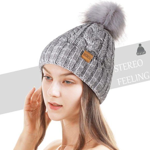 Womens Winter Warm Fleece Lined Knitted Soft Ski Cuff Beanie Hat with Pom Pom main image 8